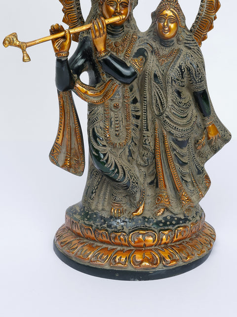 13" Brass Radha-Krishna Idol with Their Lotus-studded Aureole | Handmade | Made in India