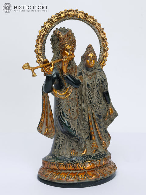 13" Brass Radha-Krishna Idol with Their Lotus-studded Aureole | Handmade | Made in India