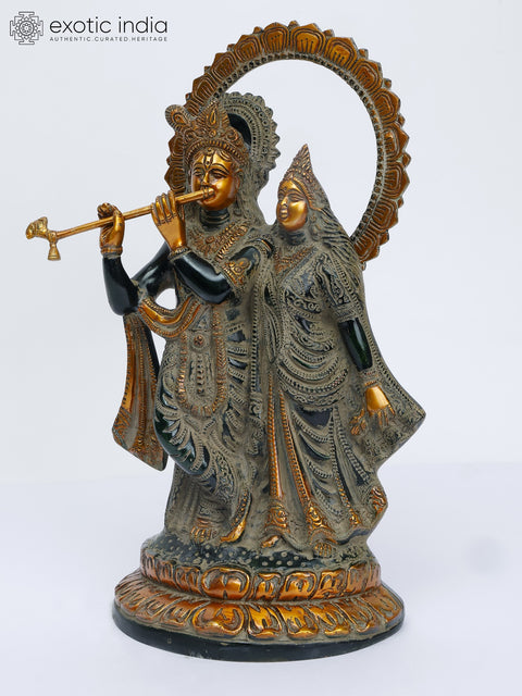 13" Brass Radha-Krishna Idol with Their Lotus-studded Aureole | Handmade | Made in India