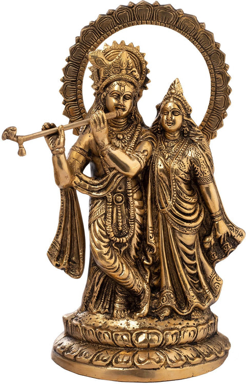 13" Brass Radha-Krishna Idol with Their Lotus-studded Aureole | Handmade | Made in India