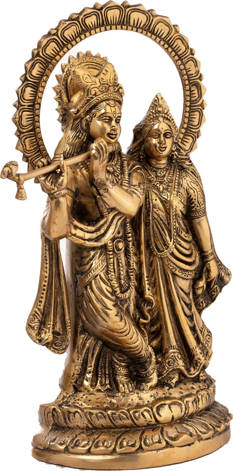 13" Brass Radha-Krishna Idol with Their Lotus-studded Aureole | Handmade | Made in India