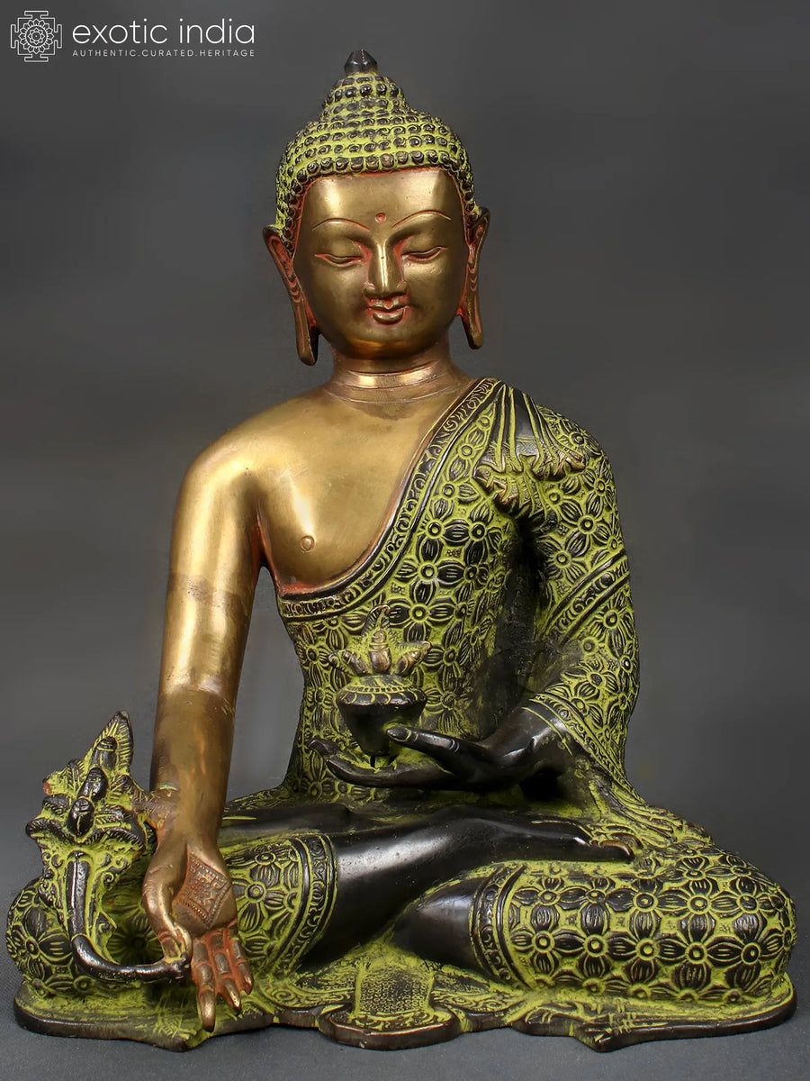 10" Seated Bhaishajyaguru Brass Statue with Myrobalan Fruit