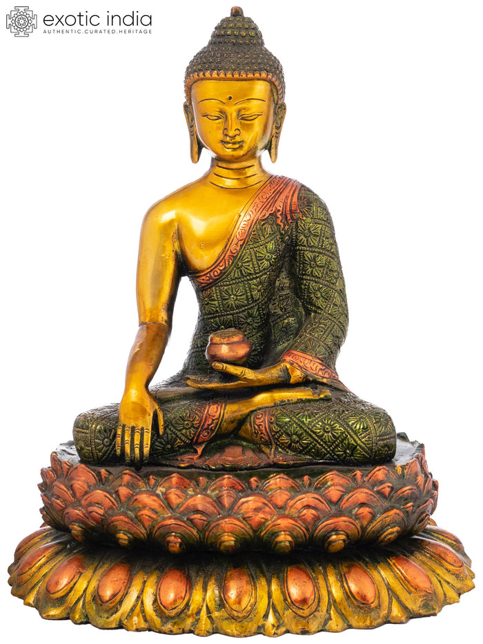 11" Tibetan Buddhist Lord Buddha Brass Statue on Double Lotus Pedestal