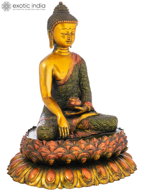 11" Tibetan Buddhist Lord Buddha Seated On Double Lotus Pedestal In Brass | Handmade | Made In India