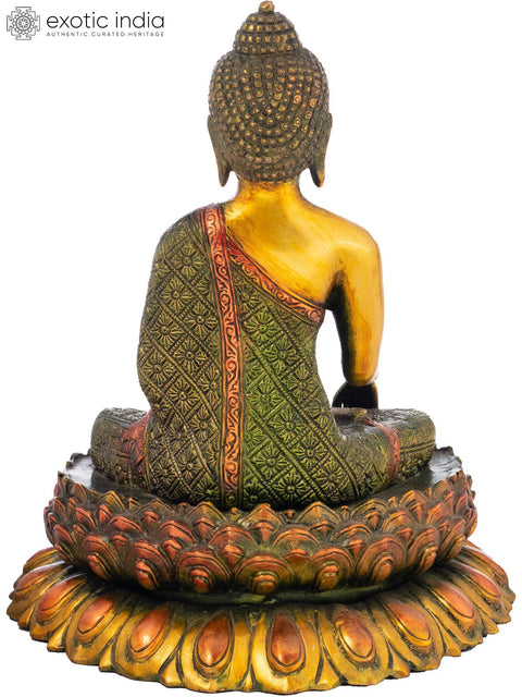 11" Tibetan Buddhist Lord Buddha Seated On Double Lotus Pedestal In Brass | Handmade | Made In India