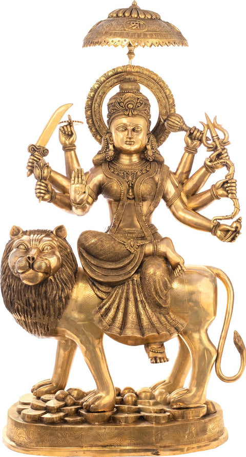 62" Simhavahini Durga Brass Sculpture Ð Goddess on Leonine Vahan - Handmade in India