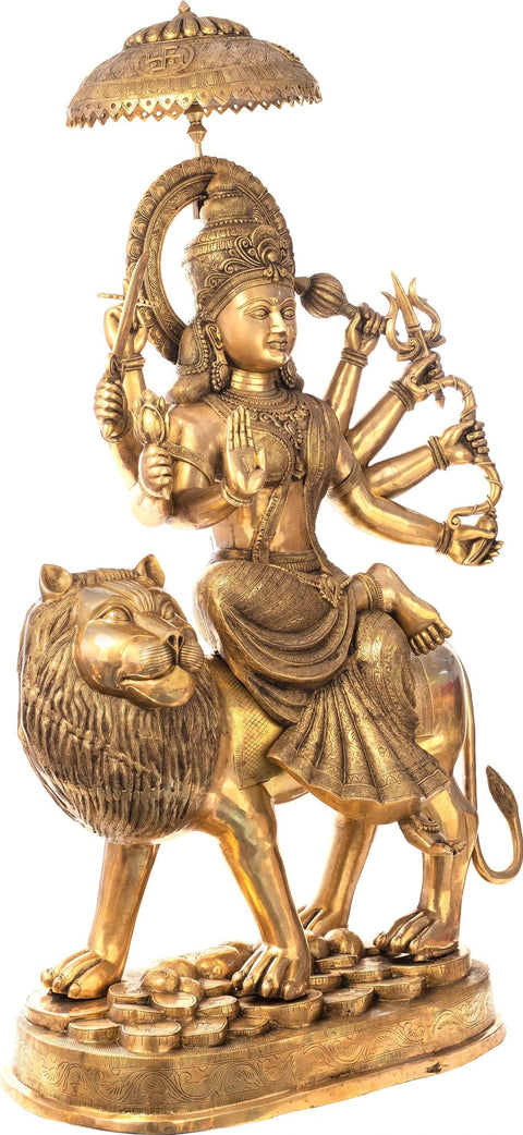 62" Simhavahini Durga Brass Sculpture Ð Goddess on Leonine Vahan - Handmade in India