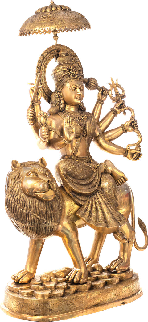 62" Simhavahini Durga Brass Sculpture – Goddess on Leonine Vahan - Handmade in India