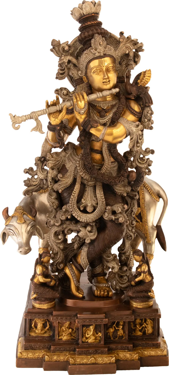 28" Large Brass Krishna with Cow Statue on Carved Pedestal