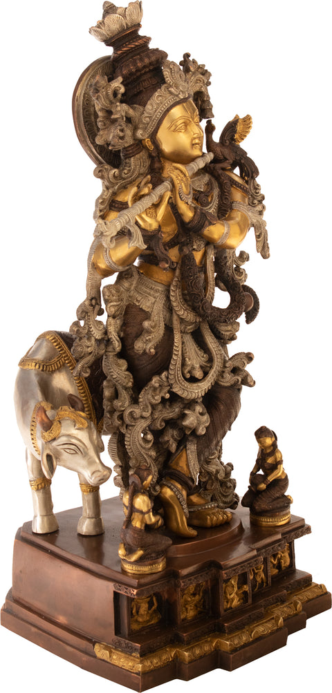 28" Large Size Murli Krishna with a Cow on a Carved Pedestal In Brass | Handmade | Made In India