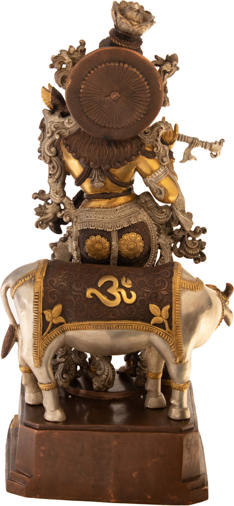 28" Large Size Murli Krishna with a Cow on a Carved Pedestal In Brass | Handmade | Made In India