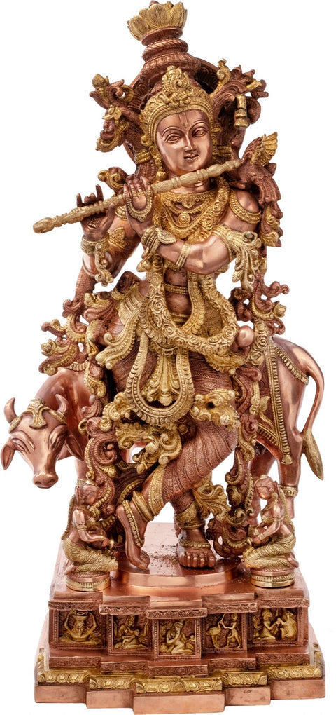 28" Large Size Murli Krishna with a Cow on a Carved Pedestal In Brass | Handmade | Made In India