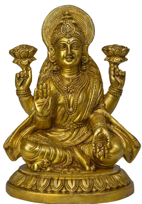 8" Goddess Lakshmi Brass Sculpture Showering Golden Coins | Handmade