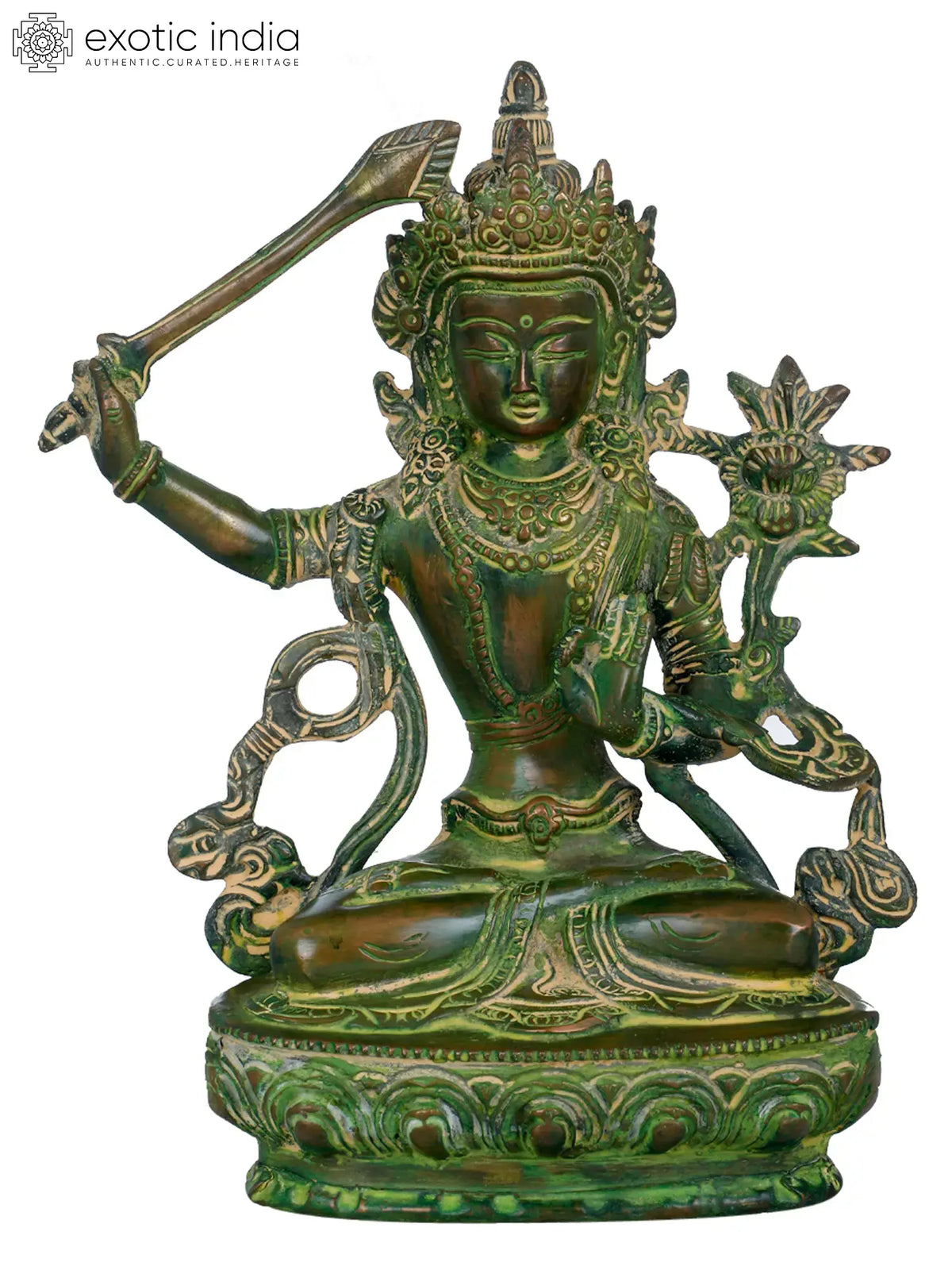 8" Tibetan Buddhist Deity Manjushri Brass Statue | Handmade | Made in India