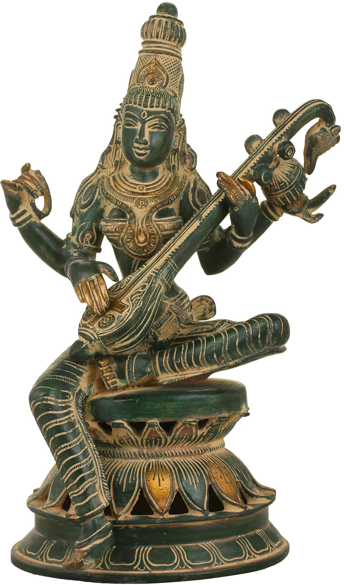 12" Saraswati Brass Statue with Veena - Handmade Sculpture