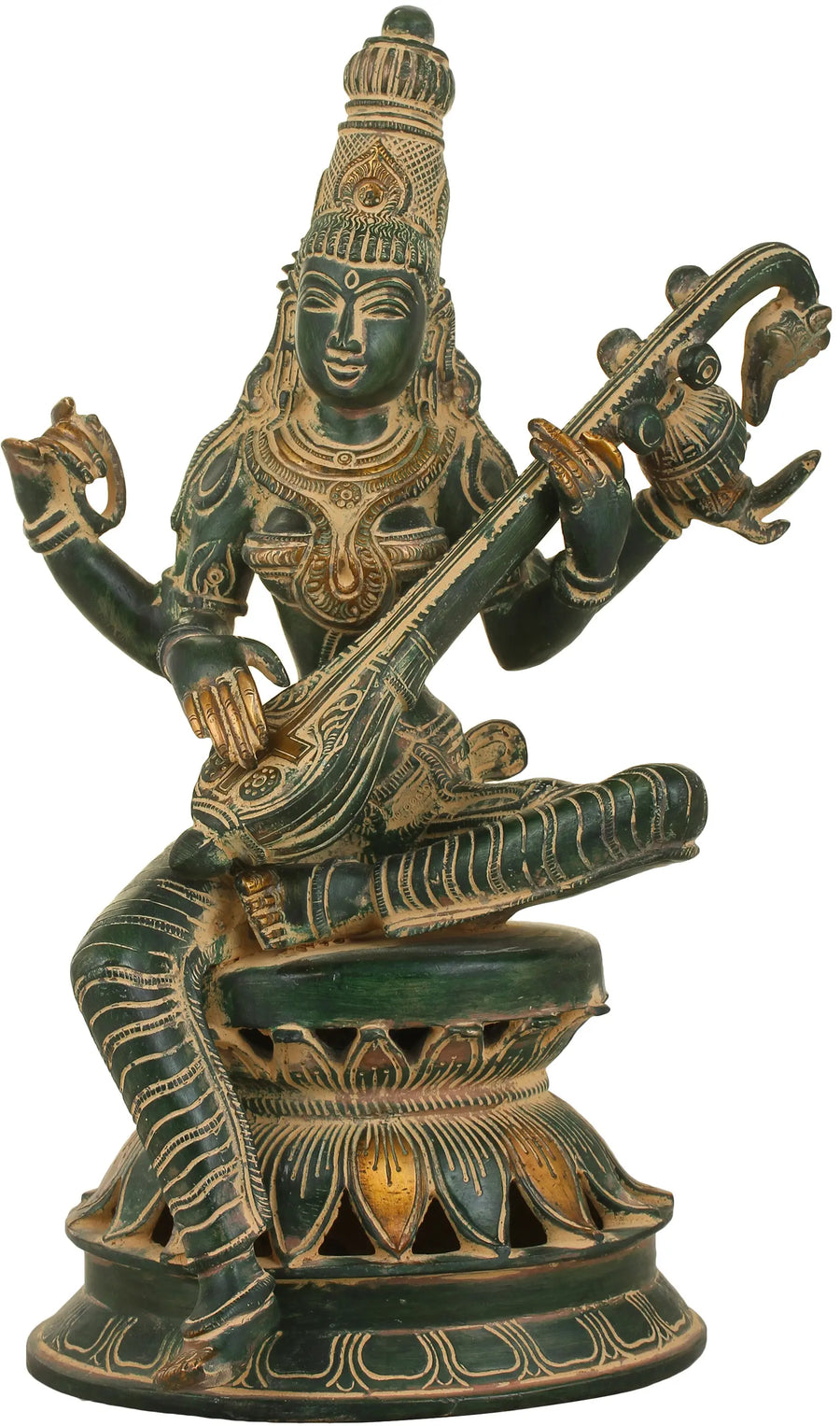 12" Saraswati Brass Statue with Veena - Handmade Sculpture