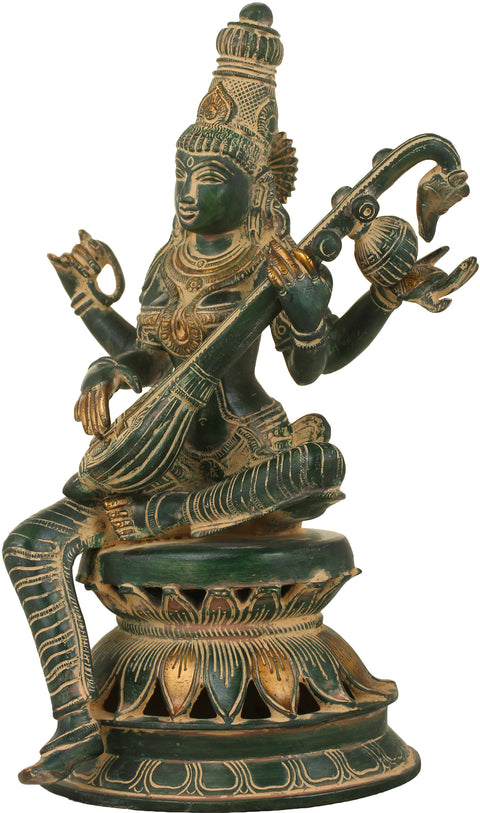 12" Graceful Sarasvati Brass Sculpture with Veena – Divine Musical Art, Handmade in India