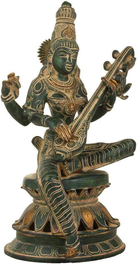 12" Graceful Sarasvati Brass Sculpture with Veena – Divine Musical Art, Handmade in India