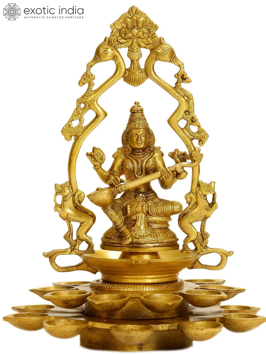 12" Brass Goddess Saraswati Statue with Multiple Diyas Handmade