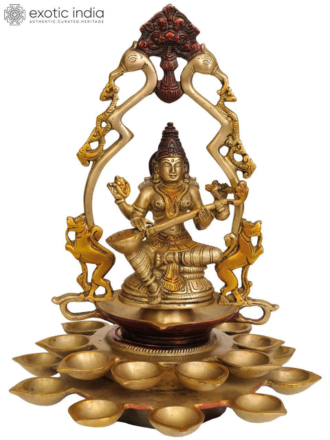 12" Goddess Saraswati with Multiple Diyas in Brass | Handmade | Made in India