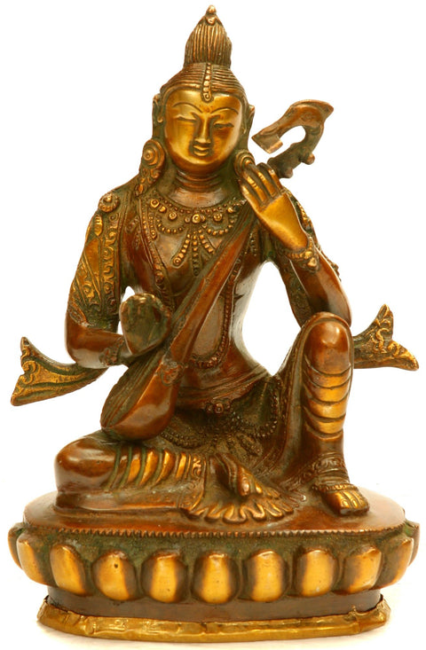 7" Goddess Saraswati in Nepalese Idiom In Brass | Handmade | Made In India