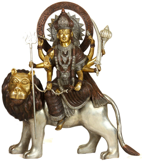 22" Ashtabhuja Durga On Her Leonine Steed In Brass | Handmade | Made In India