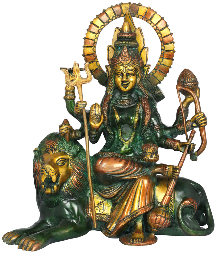 12" Ashtabhuja Durga Brass Statue, Handmade Lion-Mounted Idol