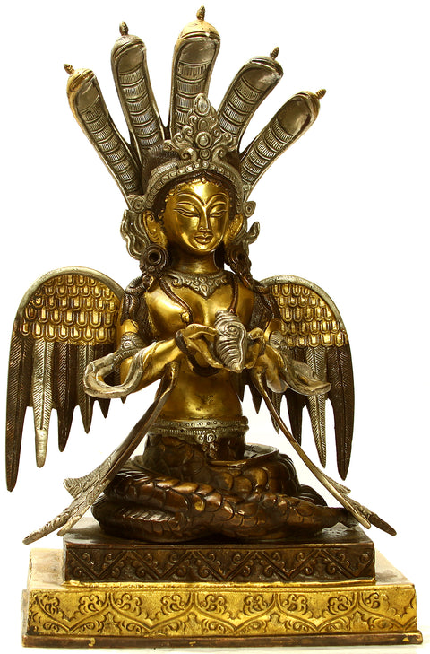 12" Naga-Kanya (Snake Maiden) Holding Up A Conch In Brass | Handmade | Made In India
