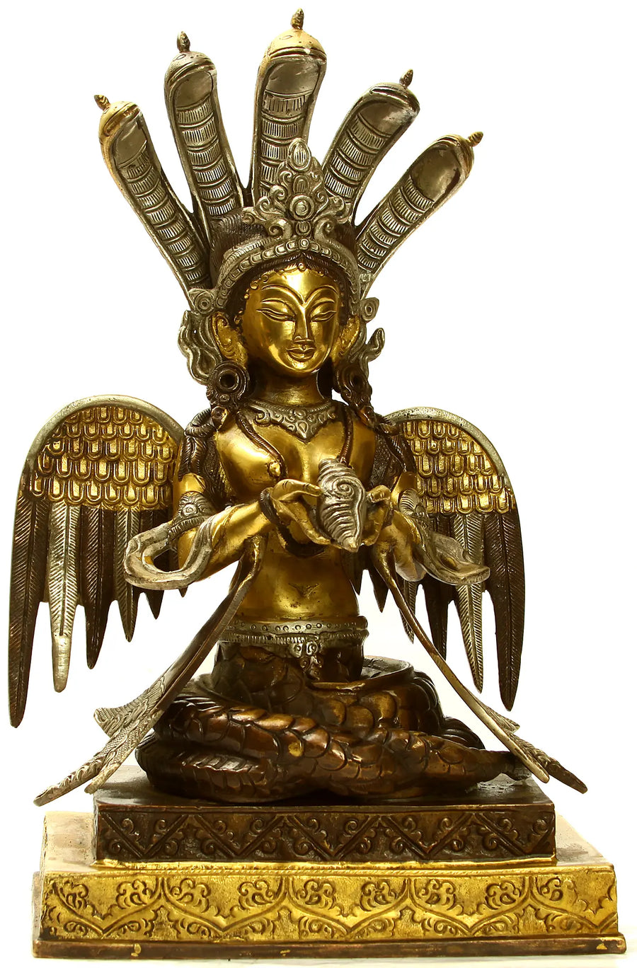 12" Naga-Kanya Snake Maiden Brass Statue Holding Conch Handmade