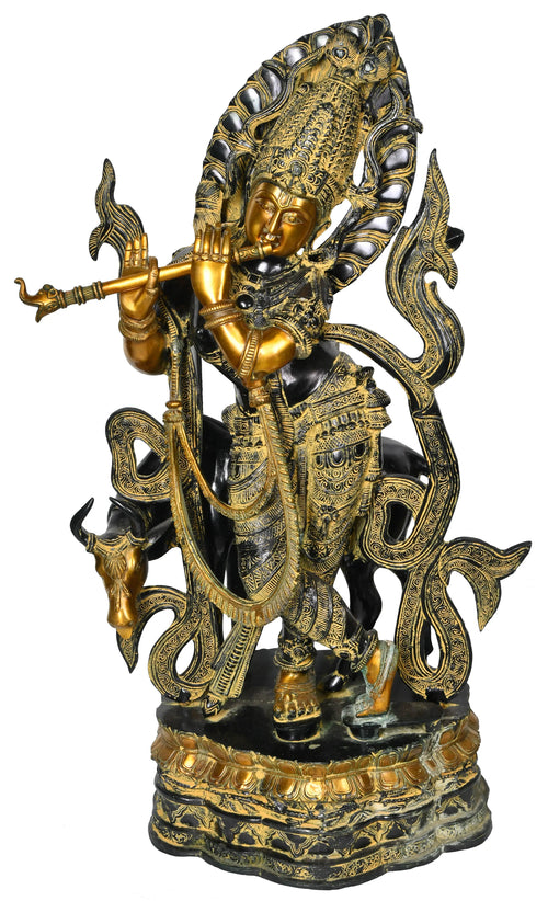 34" Krishna Tribhang Statue with Cow Handmade Brass Sculpture