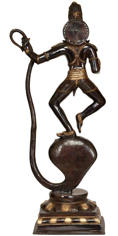40" Shri Krishna and Kaliya Brass Sculpture – Divine Victory, Handmade in India