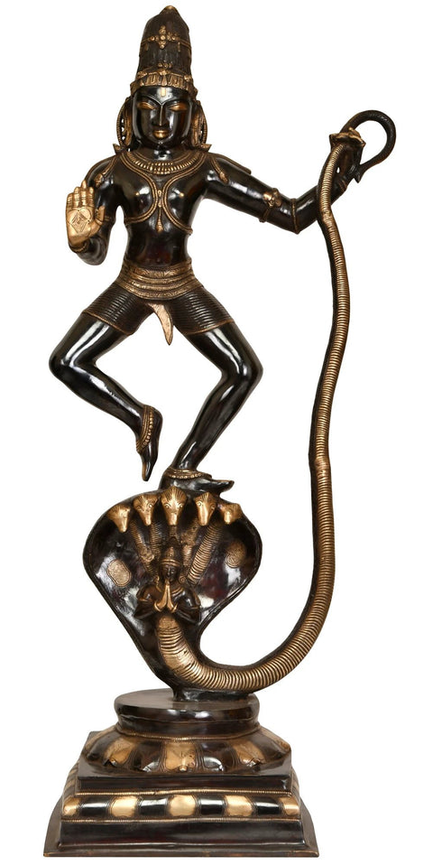 40" Shri Krishna and Kaliya Brass Sculpture Ð Divine Victory, Handmade in India