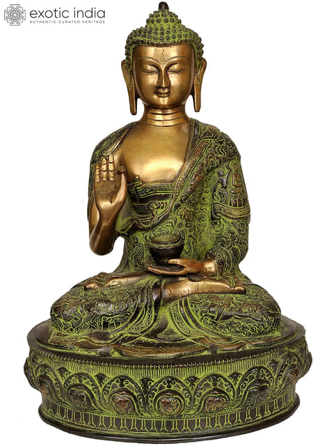14" Tibetan Buddha In Terracotta Finish, Robes Embossed With Scenes From His Life In Brass | Handmade | Made In India