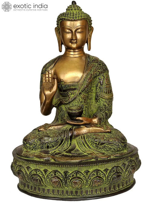 14" Tibetan Buddha Handmade Brass Statue with Embossed Life Scenes