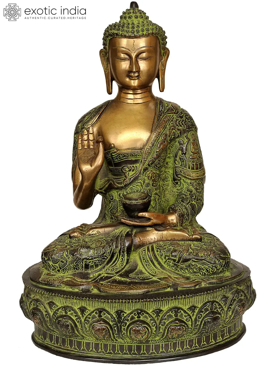 14" Tibetan Buddha Handmade Brass Statue with Embossed Life Scenes