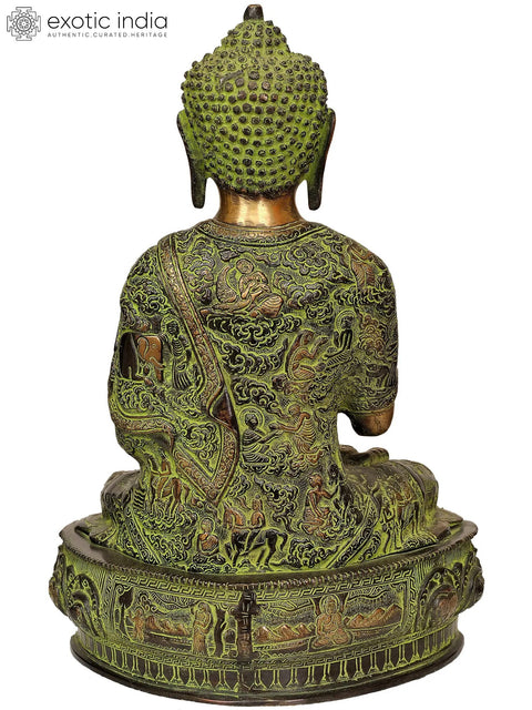 14" Tibetan Buddha In Terracotta Finish, Robes Embossed With Scenes From His Life In Brass | Handmade | Made In India