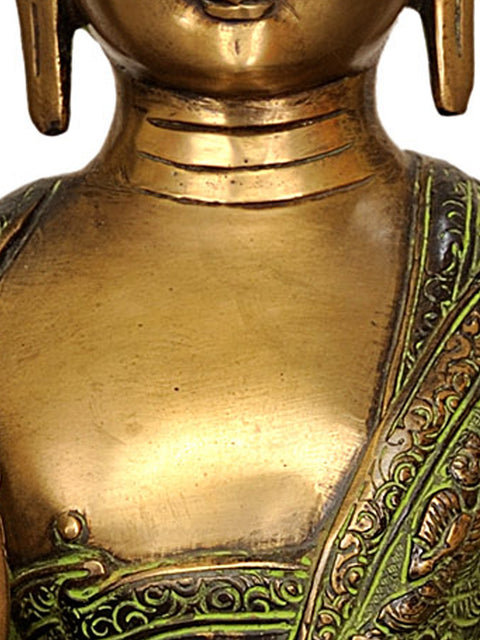 14" Tibetan Buddha In Terracotta Finish, Robes Embossed With Scenes From His Life In Brass | Handmade | Made In India