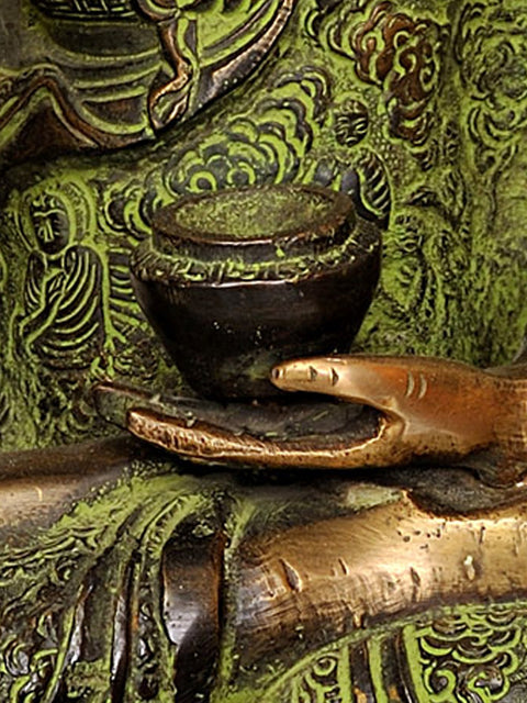 14" Tibetan Buddha In Terracotta Finish, Robes Embossed With Scenes From His Life In Brass | Handmade | Made In India