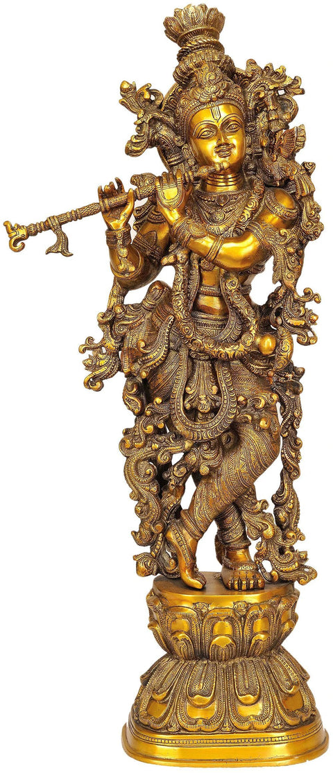 29" Krishna, The Resplendence Of The Divine Flutist In Brass | Handmade | Made In India