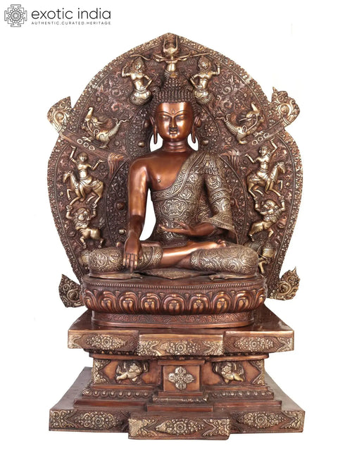 34" Handmade Buddha Bhumisparsha Mudra Brass Statue Seated Throne