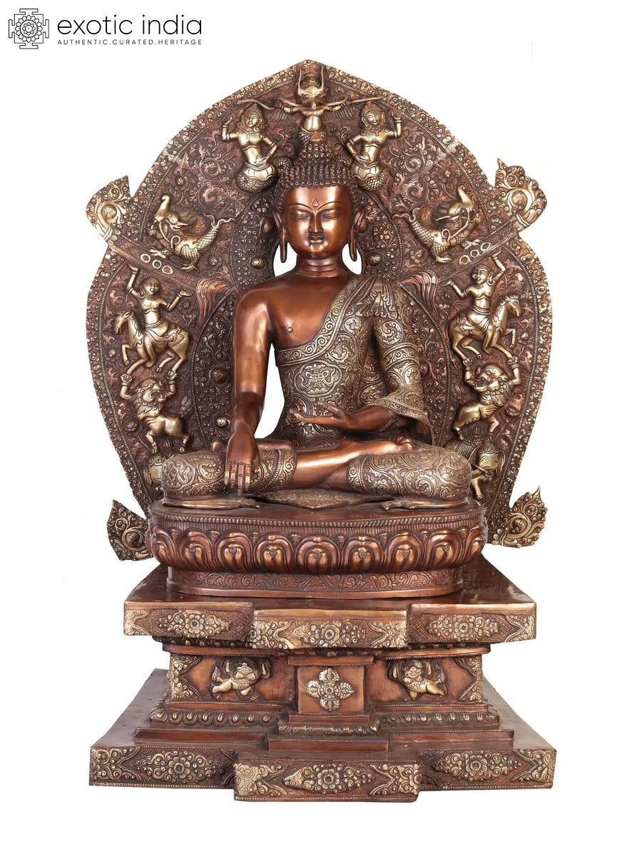 34" Handmade Buddha Bhumisparsha Mudra Brass Statue Seated Throne