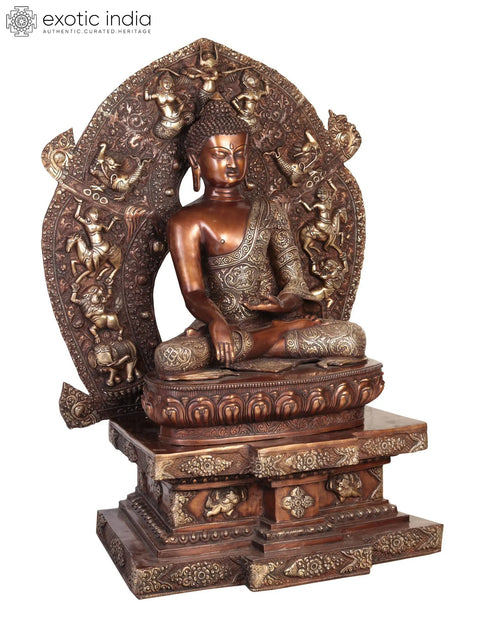 34" Handmade Buddha Bhumisparsha Mudra Brass Statue – Seated on Mystical Throne | Made in India