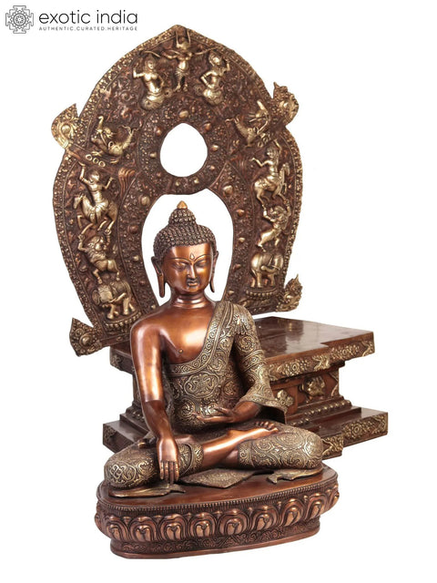 34" Handmade Buddha Bhumisparsha Mudra Brass Statue – Seated on Mystical Throne | Made in India