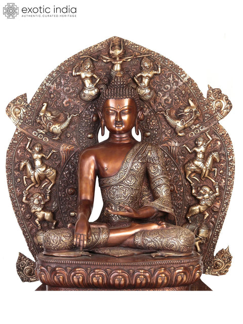 34" Handmade Buddha Bhumisparsha Mudra Brass Statue – Seated on Mystical Throne | Made in India