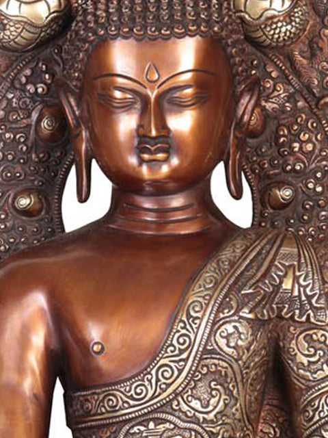 34" Handmade Buddha Bhumisparsha Mudra Brass Statue – Seated on Mystical Throne | Made in India