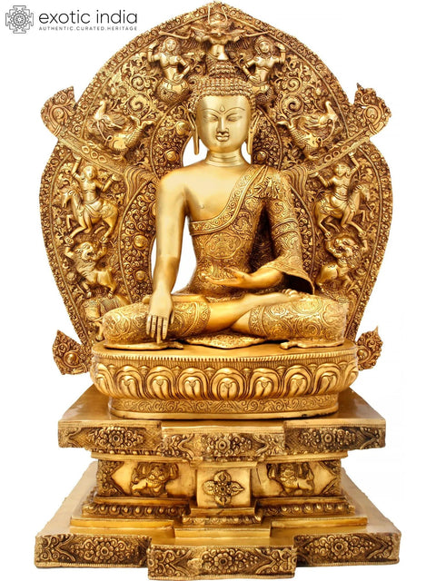 34" Handmade Buddha Bhumisparsha Mudra Brass Statue Ð Seated on Mystical Throne | Made in India