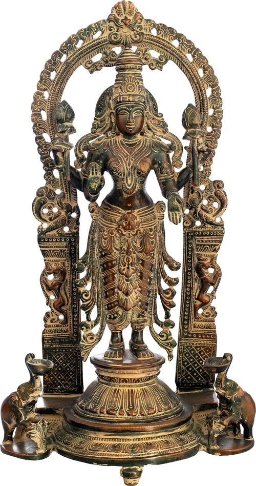 16" Brass Goddess Lakshmi with Elephant Diyas Handmade Statue