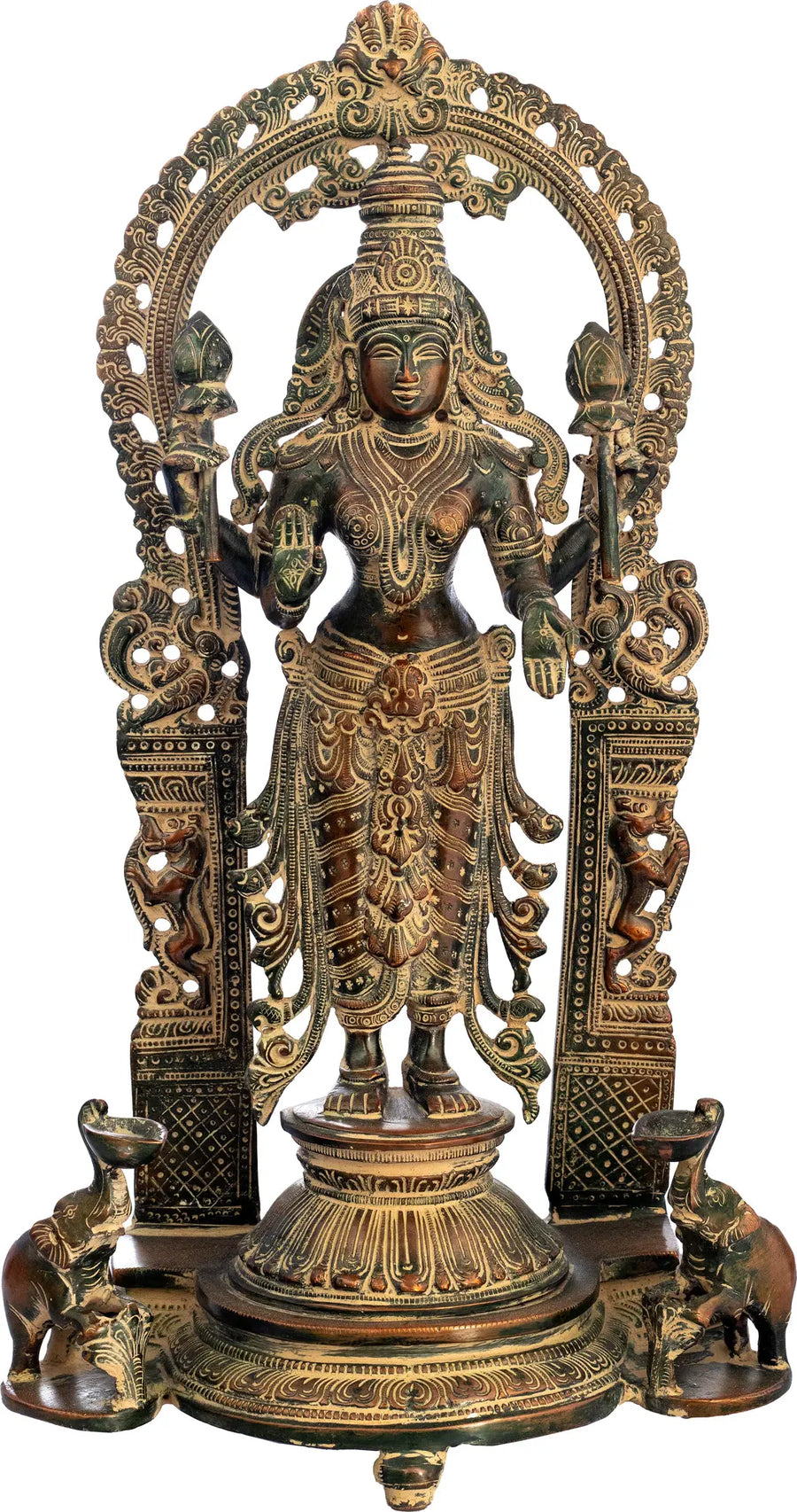 16" Brass Goddess Lakshmi with Elephant Diyas Handmade Statue