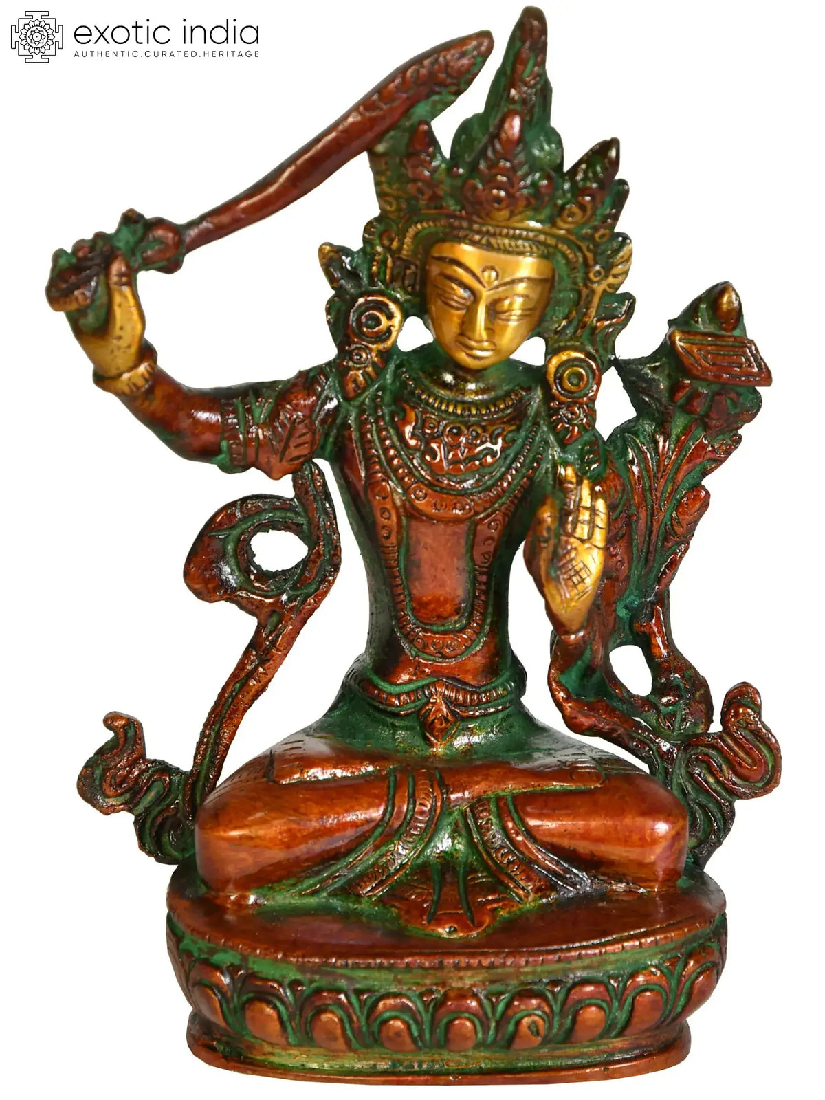 5" Tibetan Buddhist Deity Manjushri, Wielding The Characteristic Sword In Brass | Handmade | Made In India