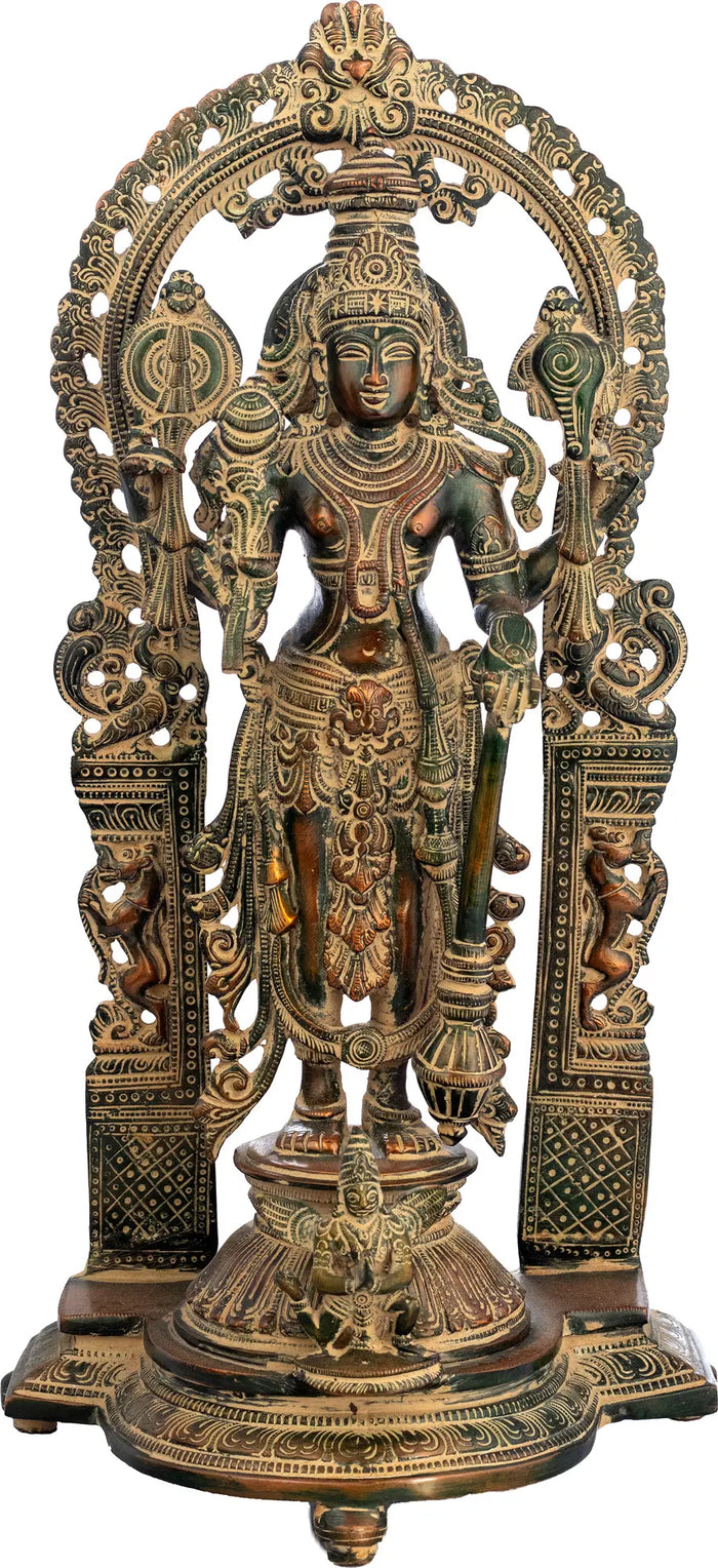 16" Handmade Brass Vishnu Idol with Prabhavali Statue